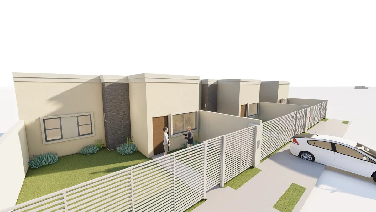 Frente con cochera para dos vehículos · Casa con terreno en Capiatá (render)