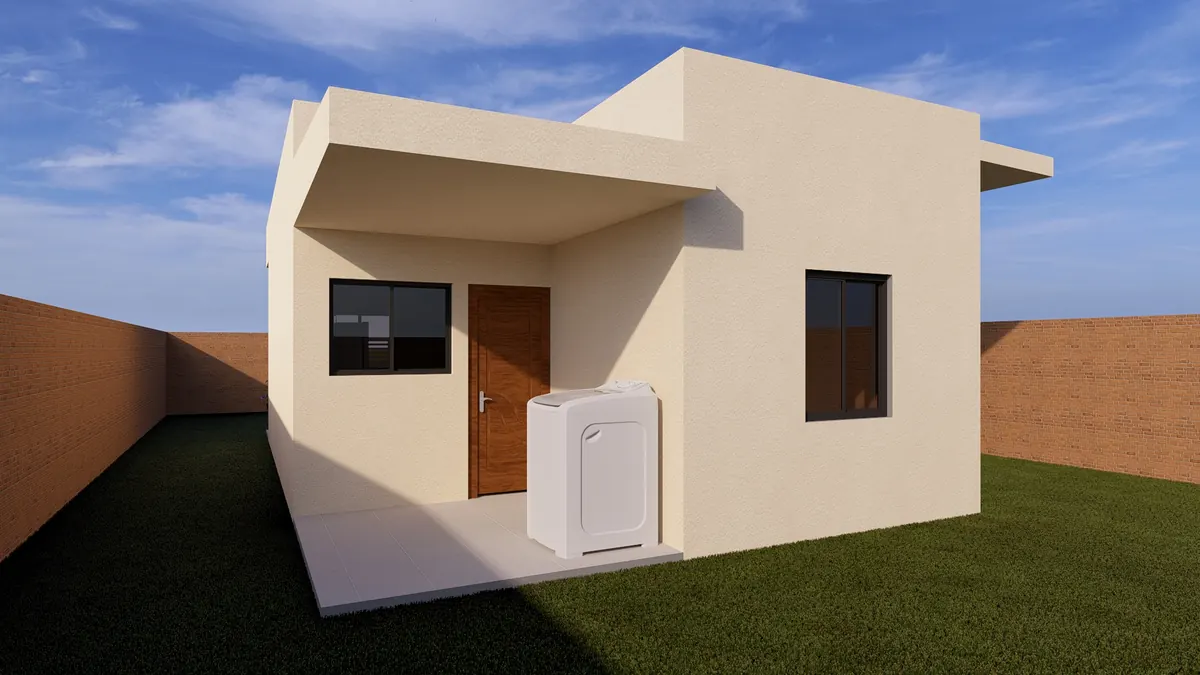 Vista lateral con lavadero · Modelo 001 (render)