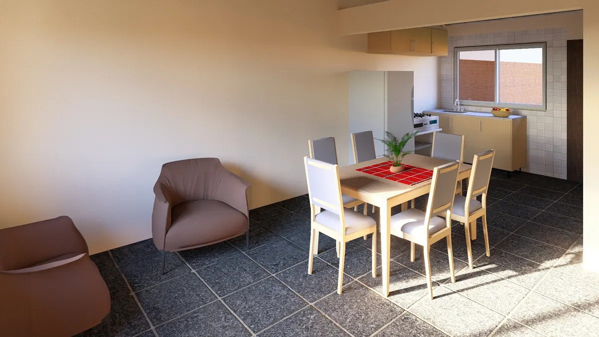 Sala, comedor y cocina · Modelo 002 (render)