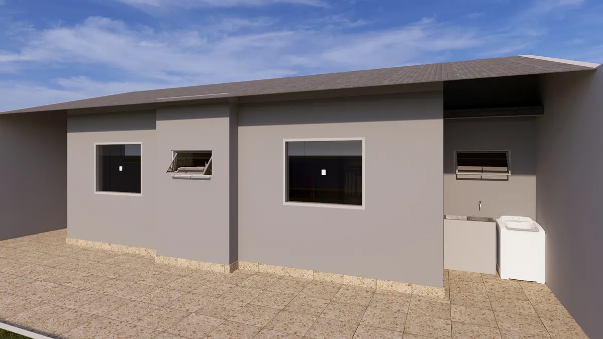 Vista lateral con lavadero · Modelo 003 (render)