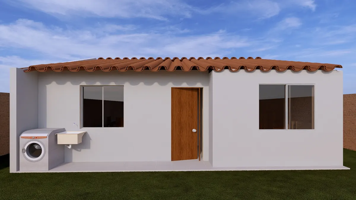 Vista lateral con lavadero · Modelo 005 (render)