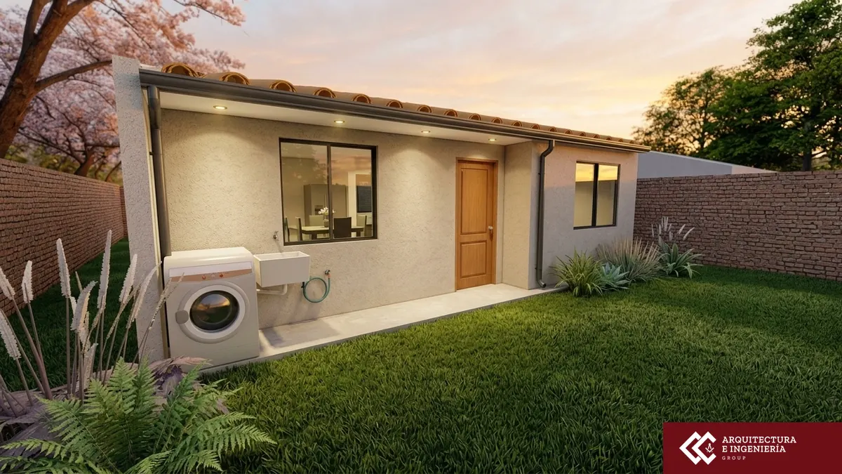 Vista lateral con lavadero · Modelo 005 (render)