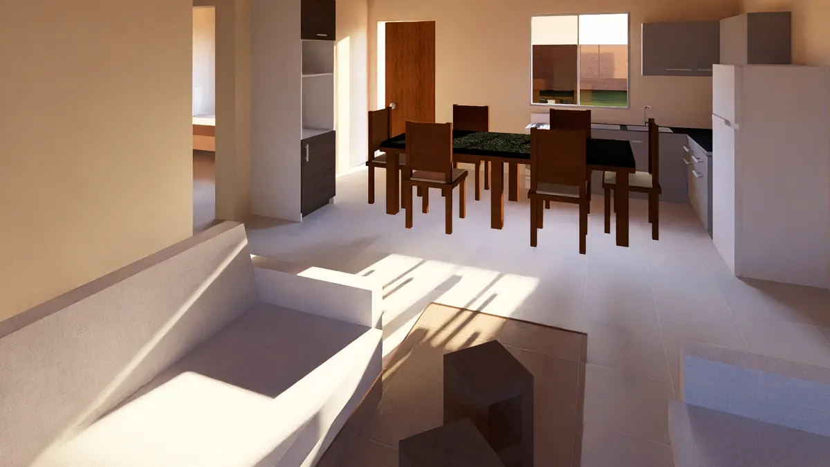 Sala, comedor y cocina · Modelo 005 (render)