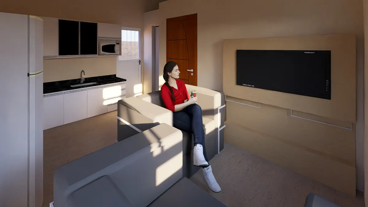 Sala y cocina · Mi primera vivienda (render)